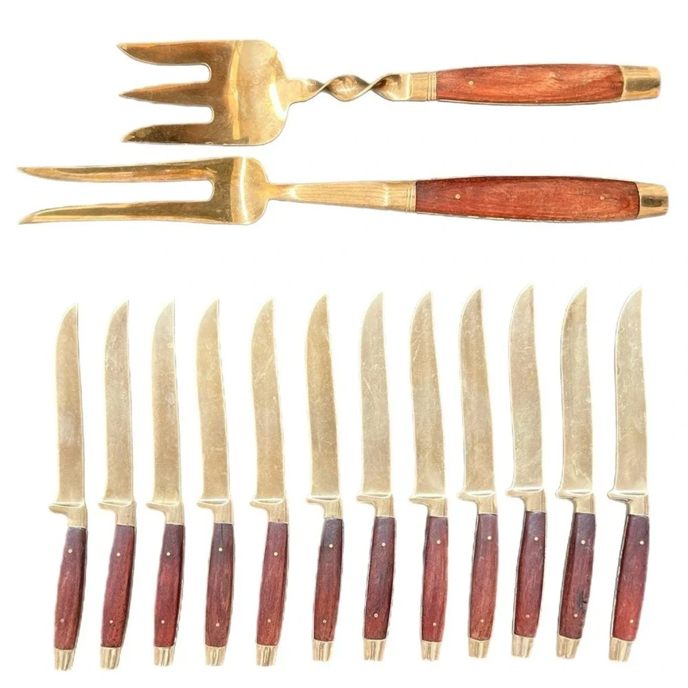 Vintage Brass Flatware Set of Knives Brass with Wood Grain Handle MCM 14pc